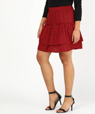 Vahson printed layered & flared above knee a-line crepe skirt midi for women red 2
