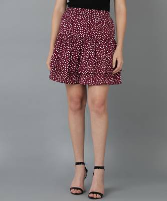 Vahson printed layered & flared above knee a-line crepe skirt midi for women wine 1