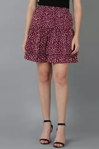 Vahson printed layered & flared above knee a-line crepe skirt midi for women wine