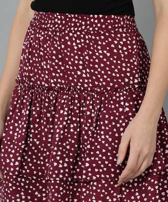 Vahson printed layered & flared above knee a-line crepe skirt midi for women wine 5
