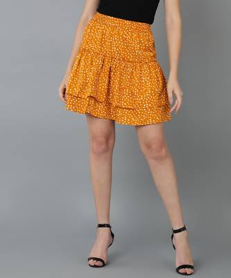 Vahson printed layered & flared above knee a-line crepe skirt midi for women mustard 1