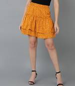 Vahson printed layered & flared above knee a-line crepe skirt midi for women mustard