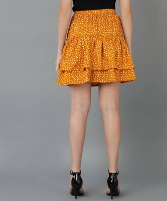 Vahson printed layered & flared above knee a-line crepe skirt midi for women mustard 4