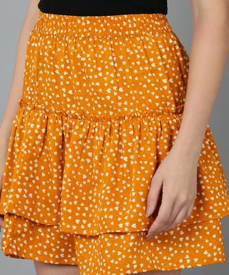 Vahson printed layered & flared above knee a-line crepe skirt midi for women mustard 5