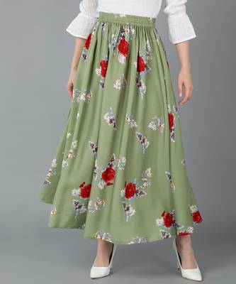 Vahson women Green floral printed long maxi skirt with gathers 1