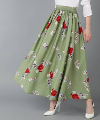 Vahson women Green floral printed long maxi skirt with gathers 2