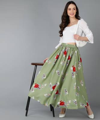 Vahson women Green floral printed long maxi skirt with gathers 3