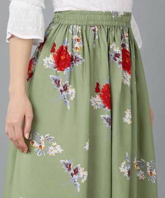 Vahson women Green floral printed long maxi skirt with gathers 5
