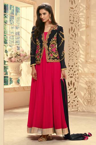 Red georgette semi stitched party jacket anarkali