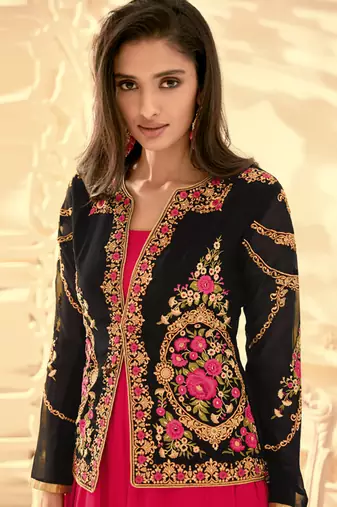 Red georgette semi stitched party jacket anarkali
