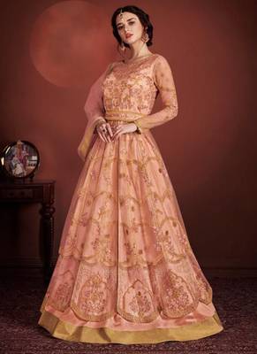 Pink net semi stitched wedding anarkali suit with skirt 1