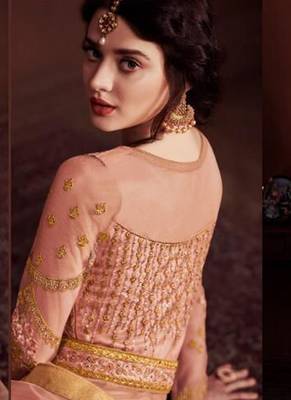 Pink net semi stitched wedding anarkali suit with skirt 2