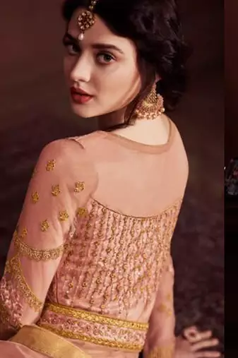 Pink net semi stitched wedding anarkali suit with skirt