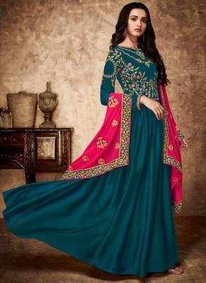 Teal blue georgette semi stitched party anarkali suit 1
