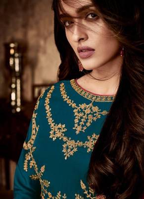 Teal blue georgette semi stitched party anarkali suit 2
