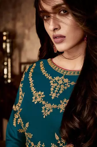 Teal blue georgette semi stitched party anarkali suit