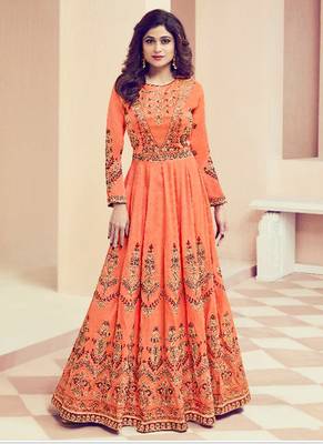 Peach mulberry silk semi stitched party anarkali suit 1