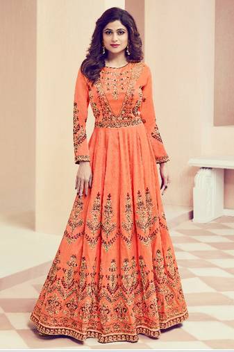 Peach mulberry silk semi stitched party anarkali suit