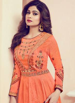 Peach mulberry silk semi stitched party anarkali suit 2