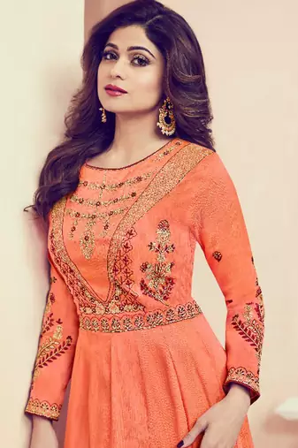 Peach mulberry silk semi stitched party anarkali suit