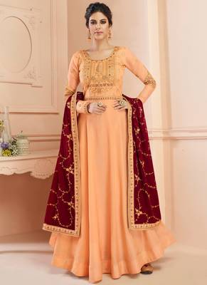 Peach tussar silk semi stitched wedding anarkali suit 1