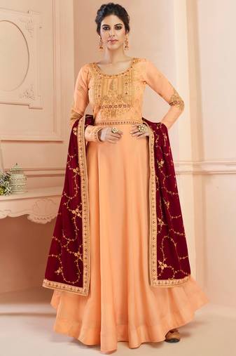Peach tussar silk semi stitched wedding anarkali suit