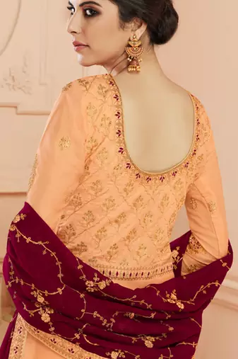 Peach tussar silk semi stitched wedding anarkali suit