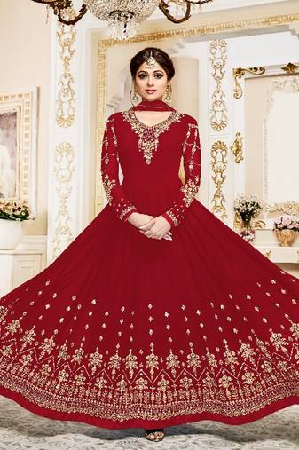 Red georgette semi stitched wedding anarkali suit