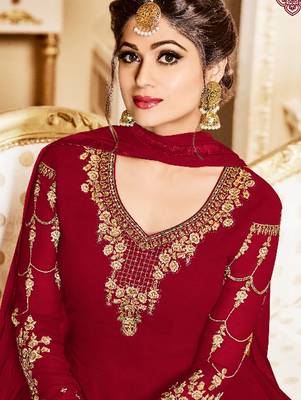 Red georgette semi stitched wedding anarkali suit 2