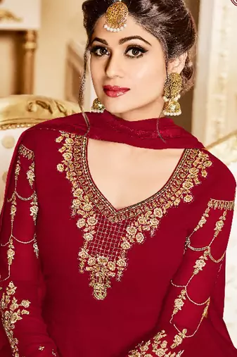 Red georgette semi stitched wedding anarkali suit