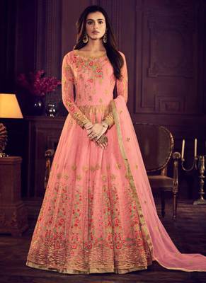 Pink net semi stitched wedding anarkali skirt 1