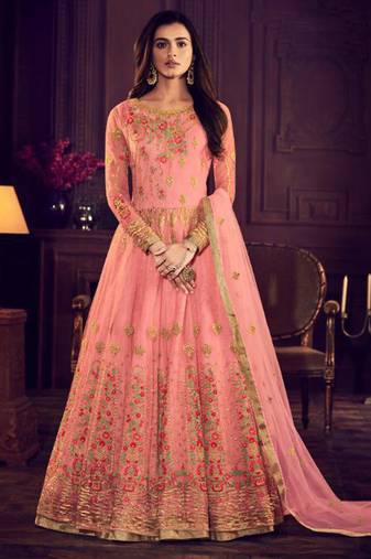 Pink net semi stitched wedding anarkali skirt