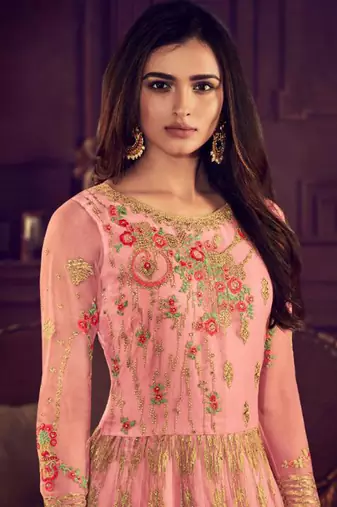 Pink net semi stitched wedding anarkali skirt