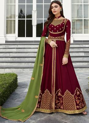 Maroon georgette semi stitched wedding anarkali suit 1