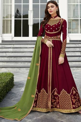 Maroon georgette semi stitched wedding anarkali suit