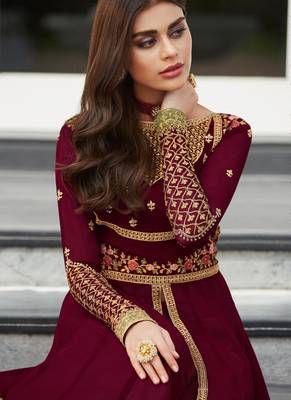 Maroon georgette semi stitched wedding anarkali suit 2