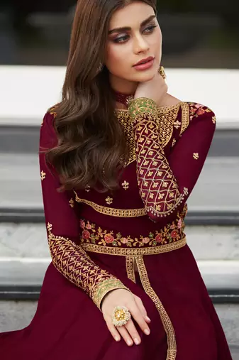 Maroon georgette semi stitched wedding anarkali suit