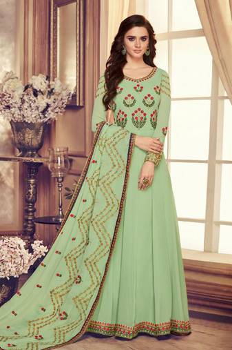 Green georgette semi stitched wedding anarkali shalvar