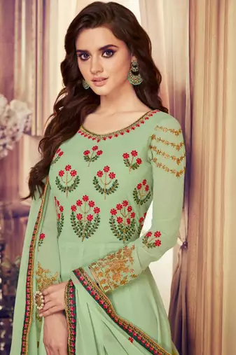 Green georgette semi stitched wedding anarkali shalvar