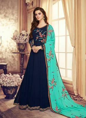 Navy blue georgette semi stitched wedding anarkali suit 1