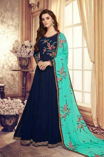 Navy blue georgette semi stitched wedding anarkali suit