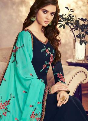 Navy blue georgette semi stitched wedding anarkali suit 2