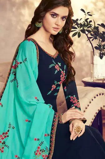 Navy blue georgette semi stitched wedding anarkali suit