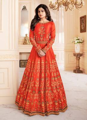 Orange mulberry silk semi stitched wedding abaya style anarkali 1