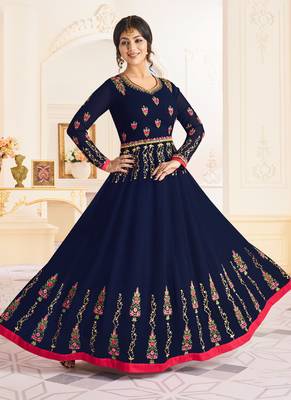 Blue georgette semi stitched wedding anarkali churidar suit 1