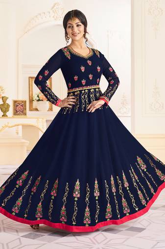 Blue georgette semi stitched wedding anarkali churidar suit
