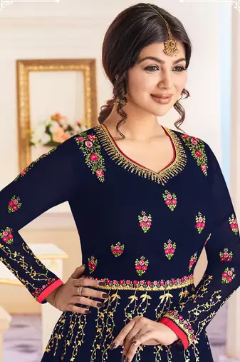 Blue georgette semi stitched wedding anarkali churidar suit