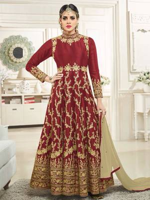 Maroon silk semi stitched wedding floor length anarkali 1