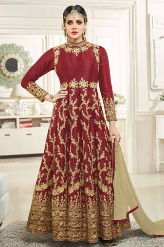 Maroon silk semi stitched wedding floor length anarkali