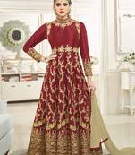 Maroon silk semi stitched wedding floor length anarkali